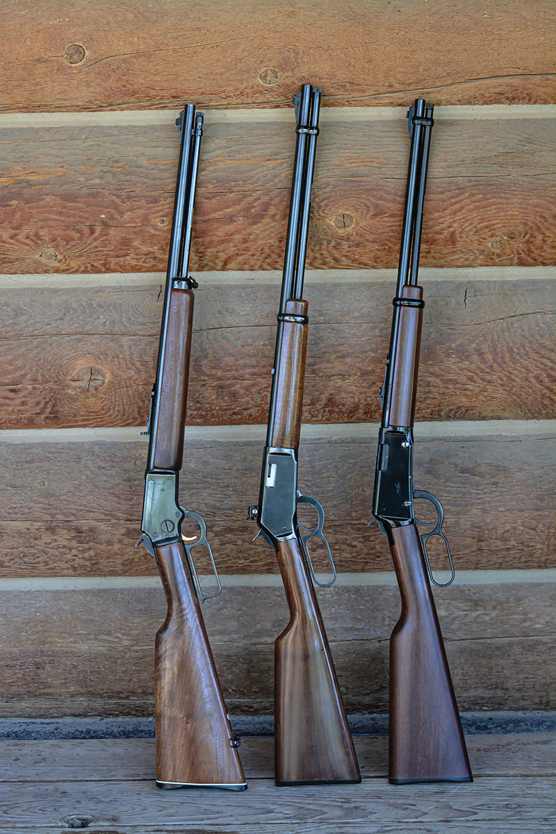 Lever actions have been popular rimfire rifles since the 1890s. Modern examples include (left to right) the Marlin Model 39M Mountie, the Winchester Model 9422 and the Henry Lever Action 22.